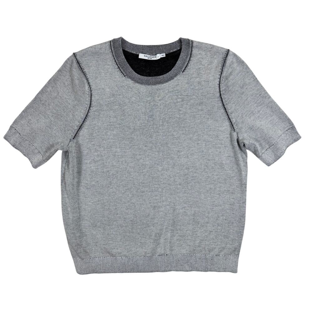 Large M.M. LaFleur Becca Pointelle Tee 365 Cotton Silk Knit Light Grey / Black - Picture 2 of 9